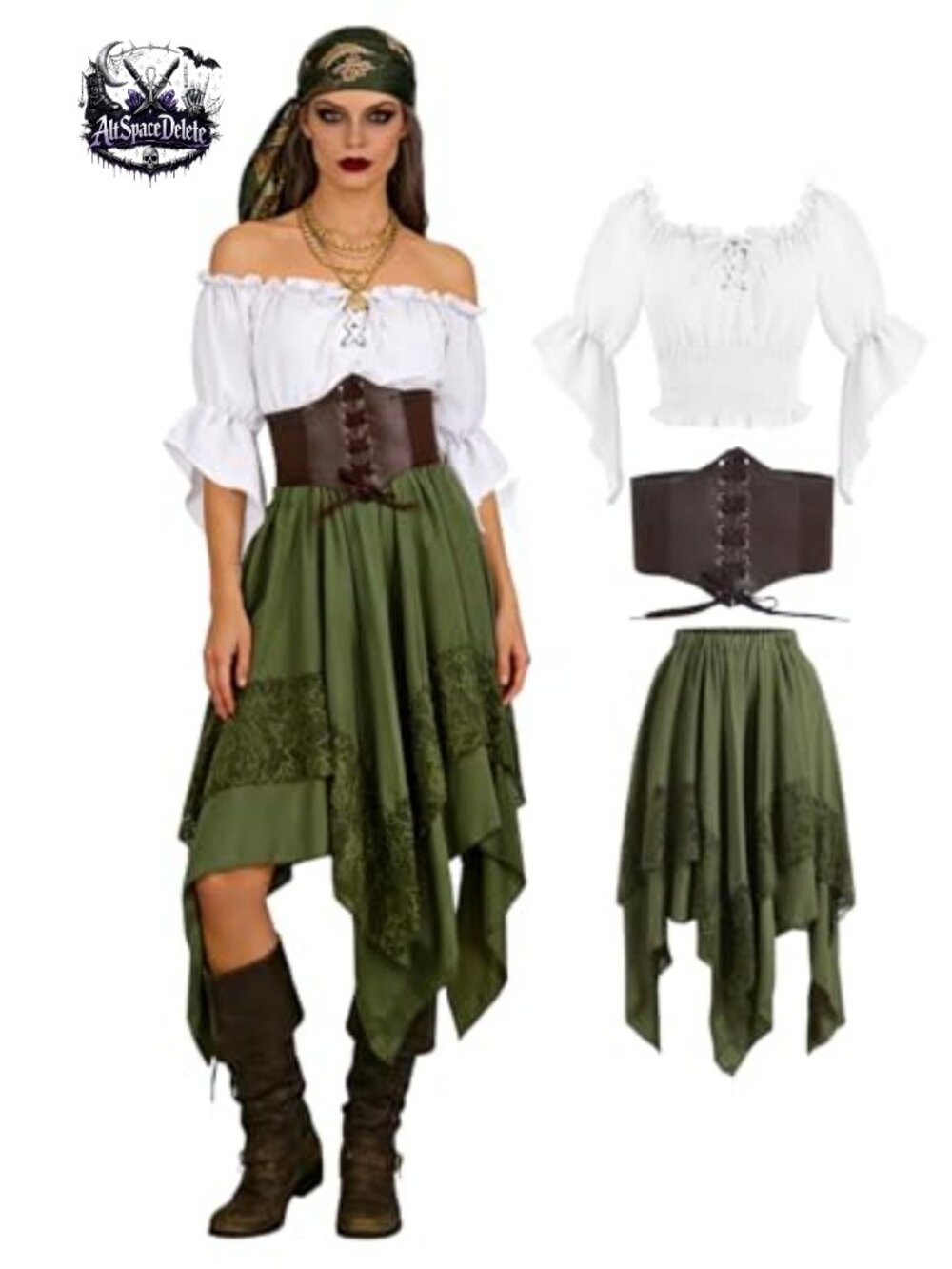 Women's Pirate Costume Set 3-Piece Peasant Top Corset Skirt Halloween